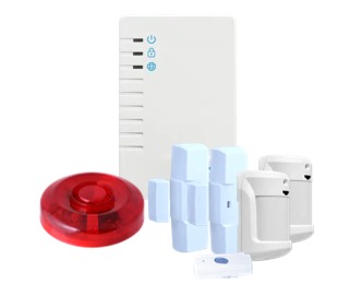 Kit residencial de alarma con panel, sensores, contactos magnéticos, sirena y botón de pánico