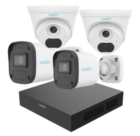 Kit residencial de cámaras tipo bala y NVR para monitoreo de CCTV desde la central